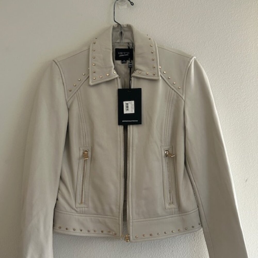Anthropologie x Lamarque Gali Bone Leather Lined Studded Short Zip Jacket NWT